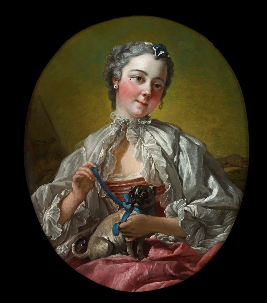 Młoda kobieta trzymająca mopsika - François Boucher