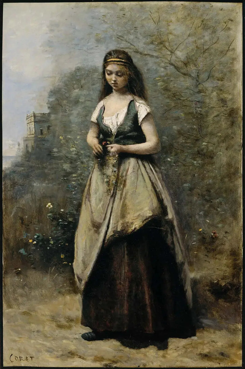 Młoda kobieta tka wianek z kwiatów - Jean-Baptiste Camille Corot