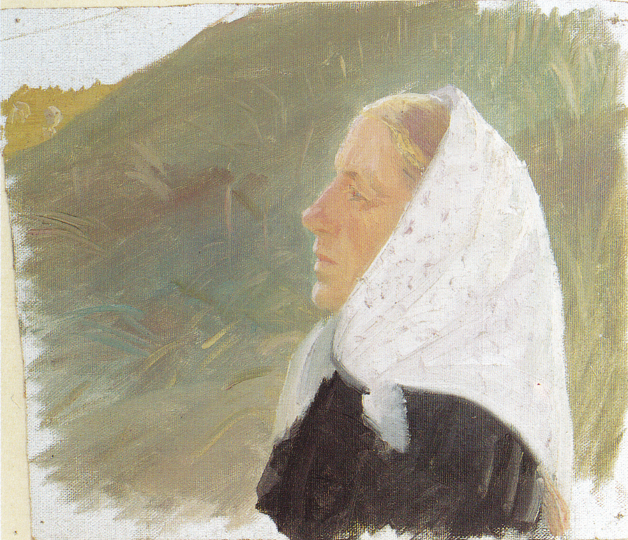 Młoda kobieta ubrana na czarno i ubrana w biały szalik, siedząca na wydmach - Anna Ancher