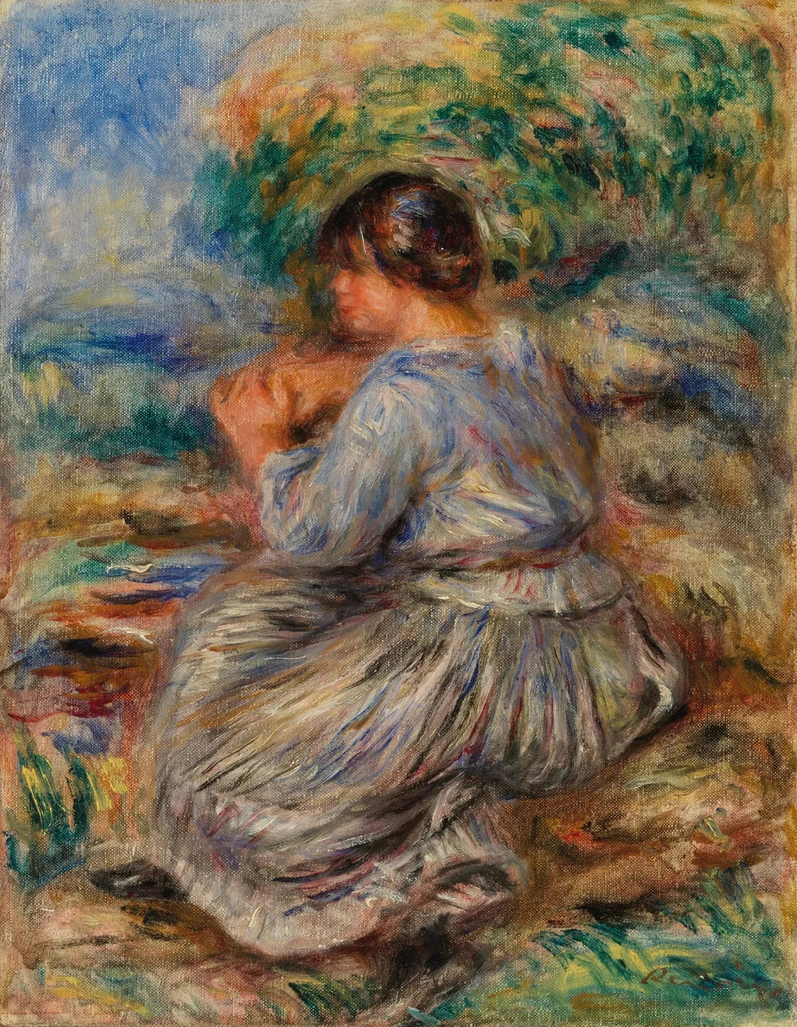 Dziewczyna siedząca w krajobrazie (Młoda dziewczyna siedząca w ogrodzie) - Pierre-Auguste Renoir