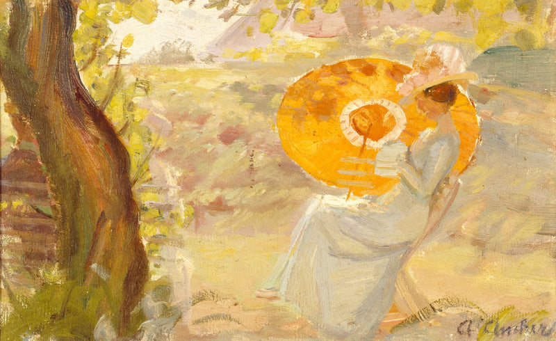 Młoda dziewczyna w ogrodzie z pomarańczowym parasolem - Anna Ancher