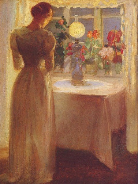 Młoda dziewczyna przed zapaloną lampą - Anna Ancher