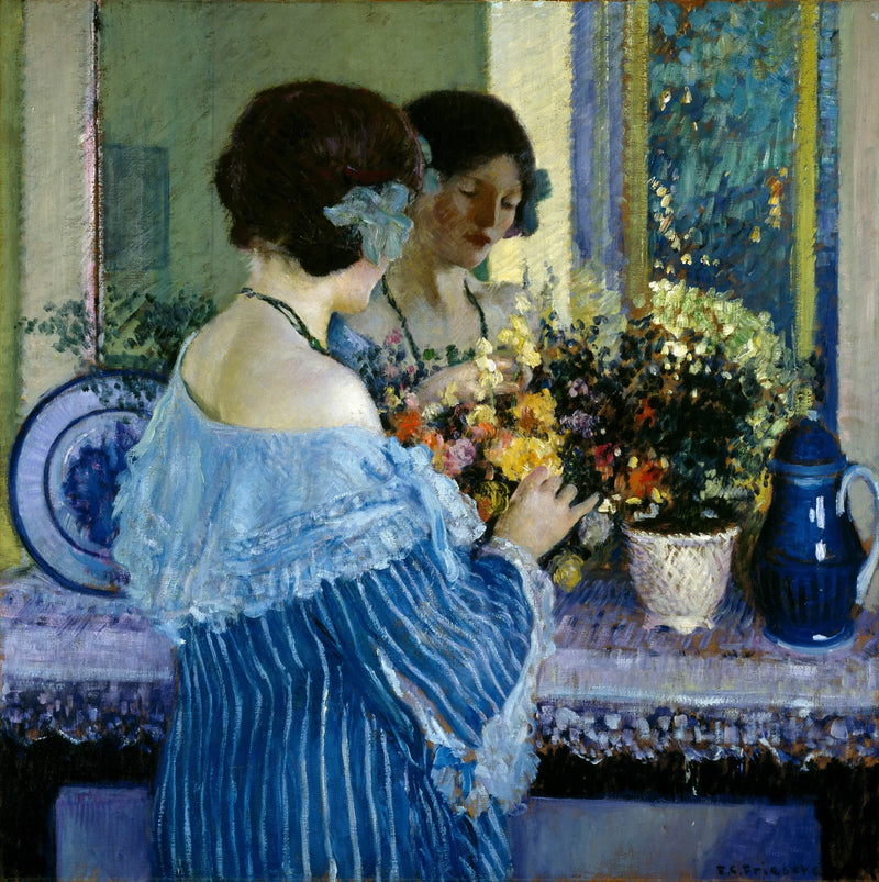 Młoda dziewczyna w niebieskim układająca kwiaty - Frederick Carl Frieseke