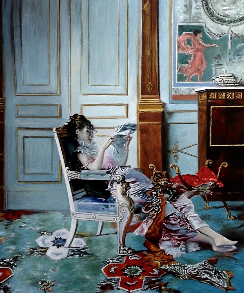 Jeune fille lisant dans un salon - Giovanni Boldini image 1 reproduction artisanale de tableau