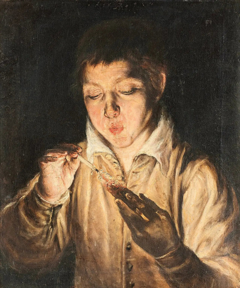 Młody chłopiec dmuchający na rozżarzony kawałek drewna - El Greco