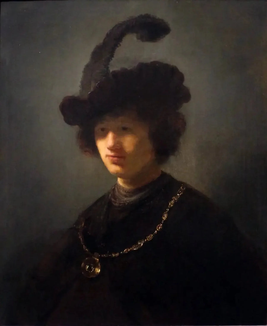 Młody mężczyzna w kapeluszu z piórami - Rembrandt