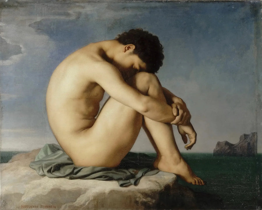 Młody nagi mężczyzna siedzący nad brzegiem morza - Hippolyte Flandrin