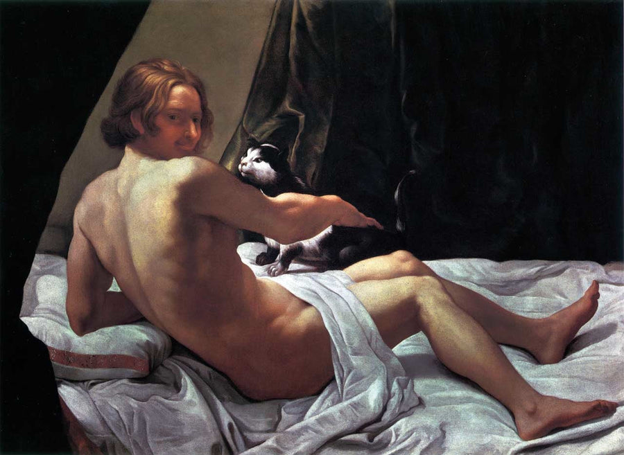Młody nagi mężczyzna w łóżku z kotem - Giovanni Lanfranco