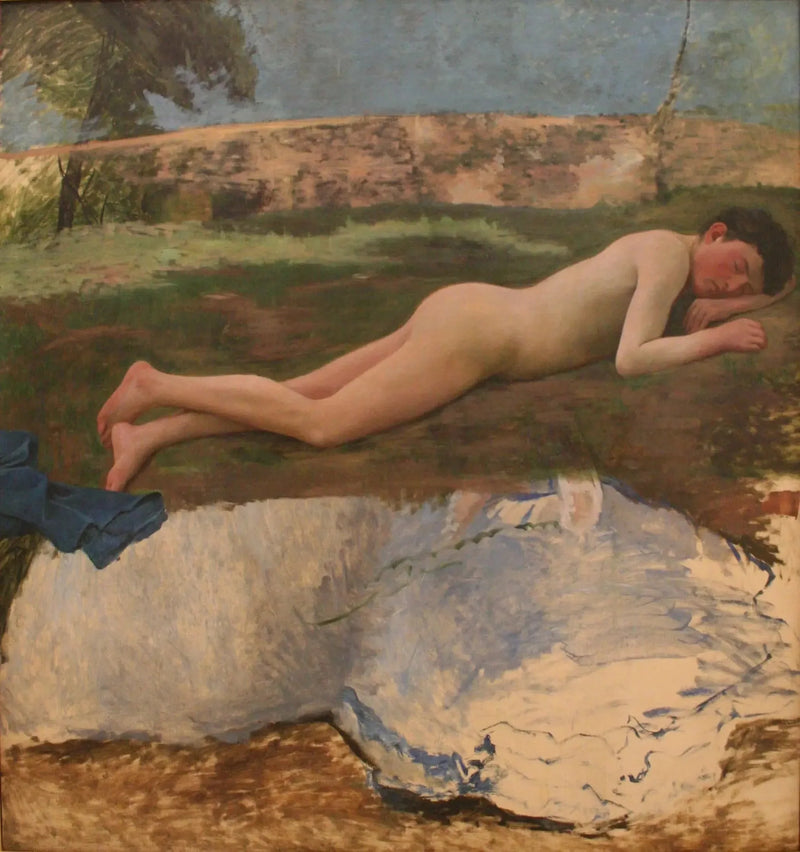Młody nagi mężczyzna leżący na trawie - Frédéric Bazille