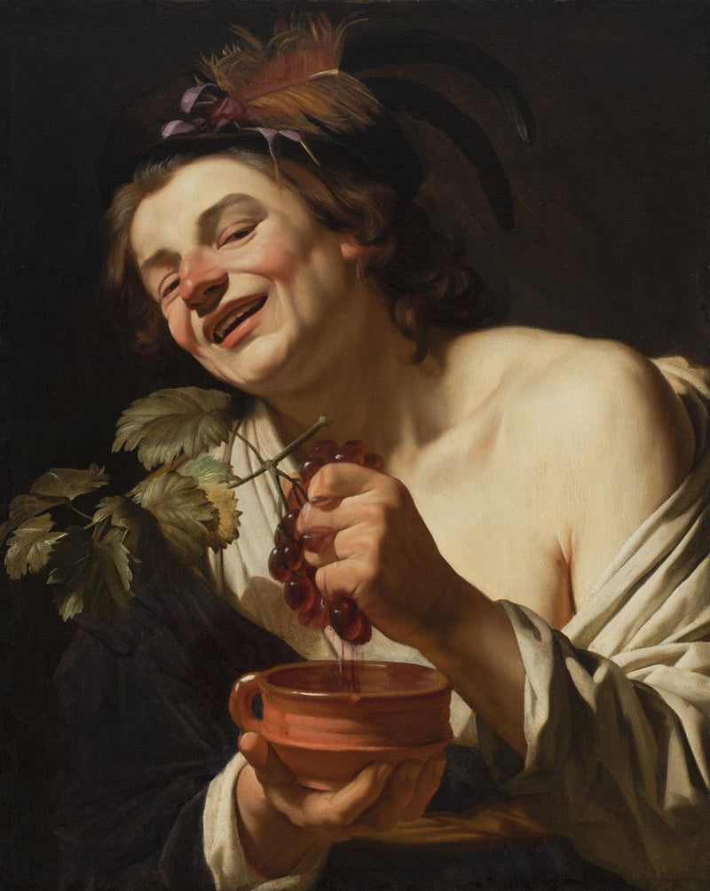 Uśmiechnięty młody mężczyzna tłoczący winogrona - Gerrit van Honthorst