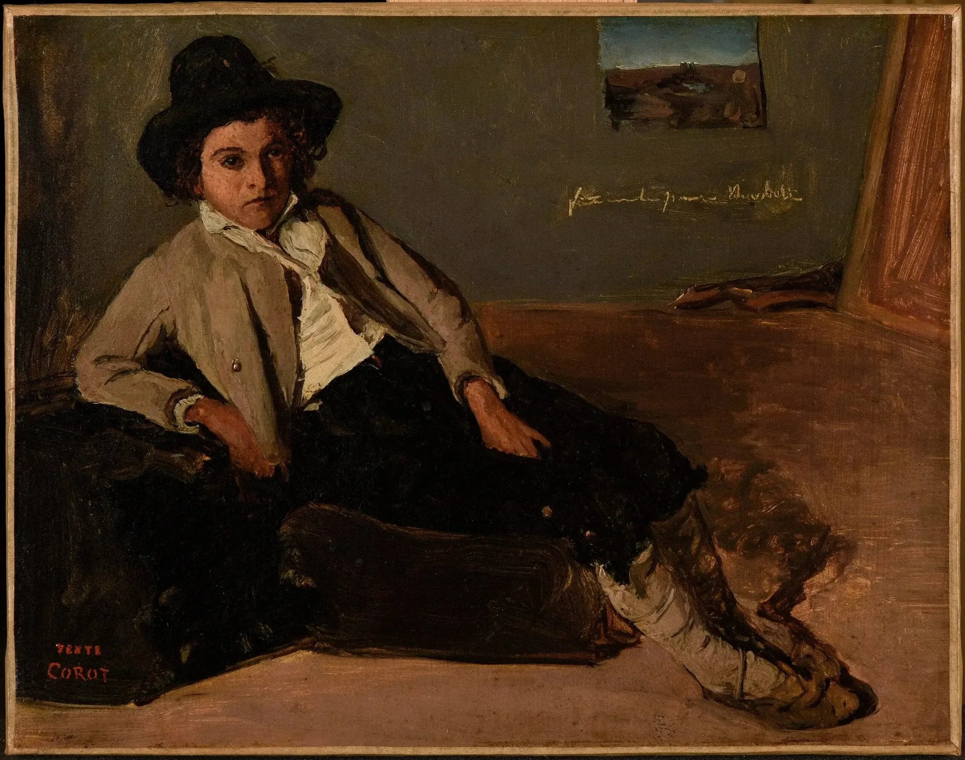 Jeune italien assis dans la chambre de Corot à Rome - Jean-Baptiste Camille Corot image 1 tableau peint à l’huile sur toile