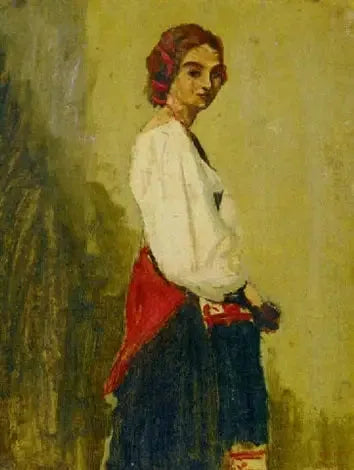 Młoda Włoszka stojąca, ciało w profilu, głowa zwrócona twarzą - Jean-Baptiste Camille Corot