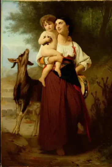 Młoda matka w stroju wiejskim z dzieckiem i kozą - Bouguereau