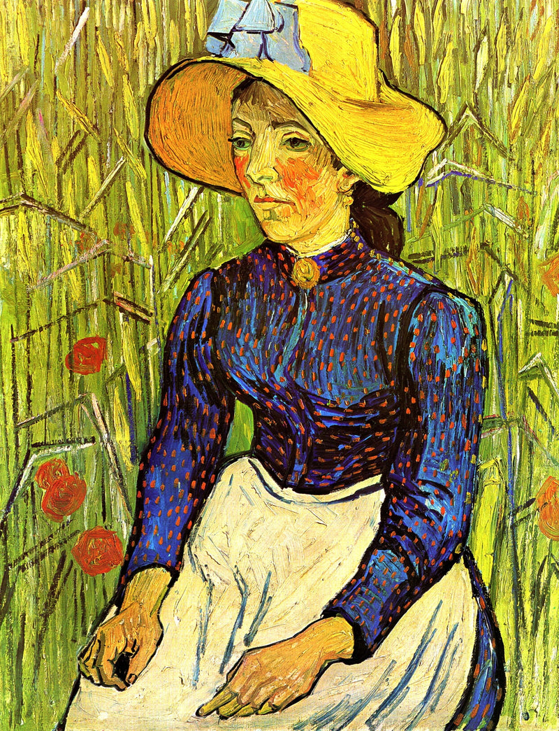 Chłopka w słomkowym kapeluszu siedząca przed polem pszenicy - Vincent van Gogh