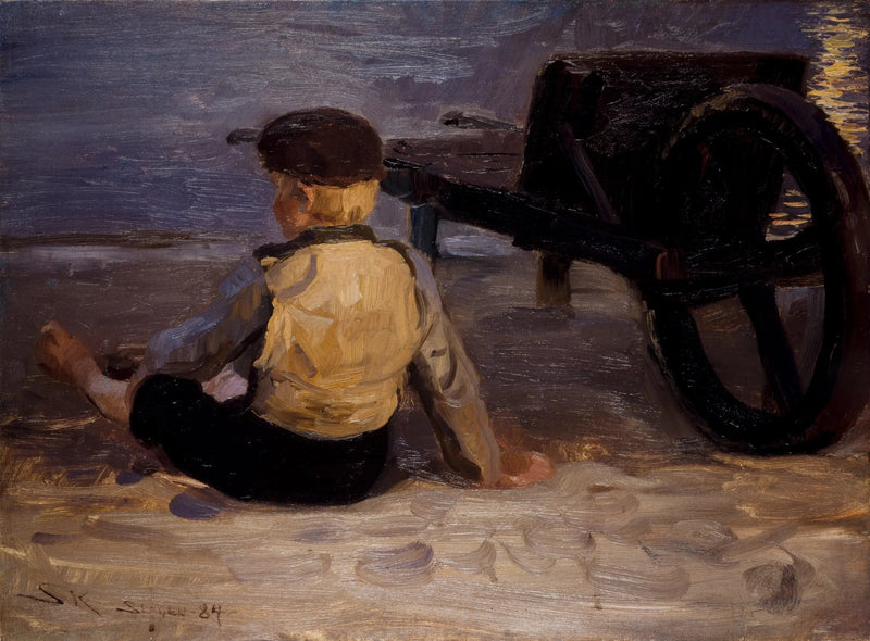 Młody rybak siedzący obok wózka. Południowa plaża w Skagen. - Peder Severin Krøyer