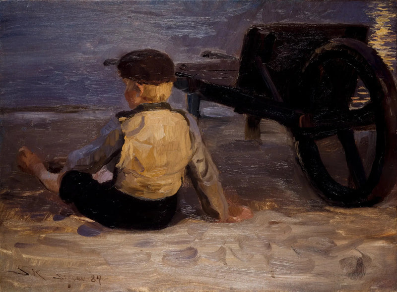 Młody rybak siedzący obok wózka. Południowa plaża w Skagen. - Peder Severin Krøyer