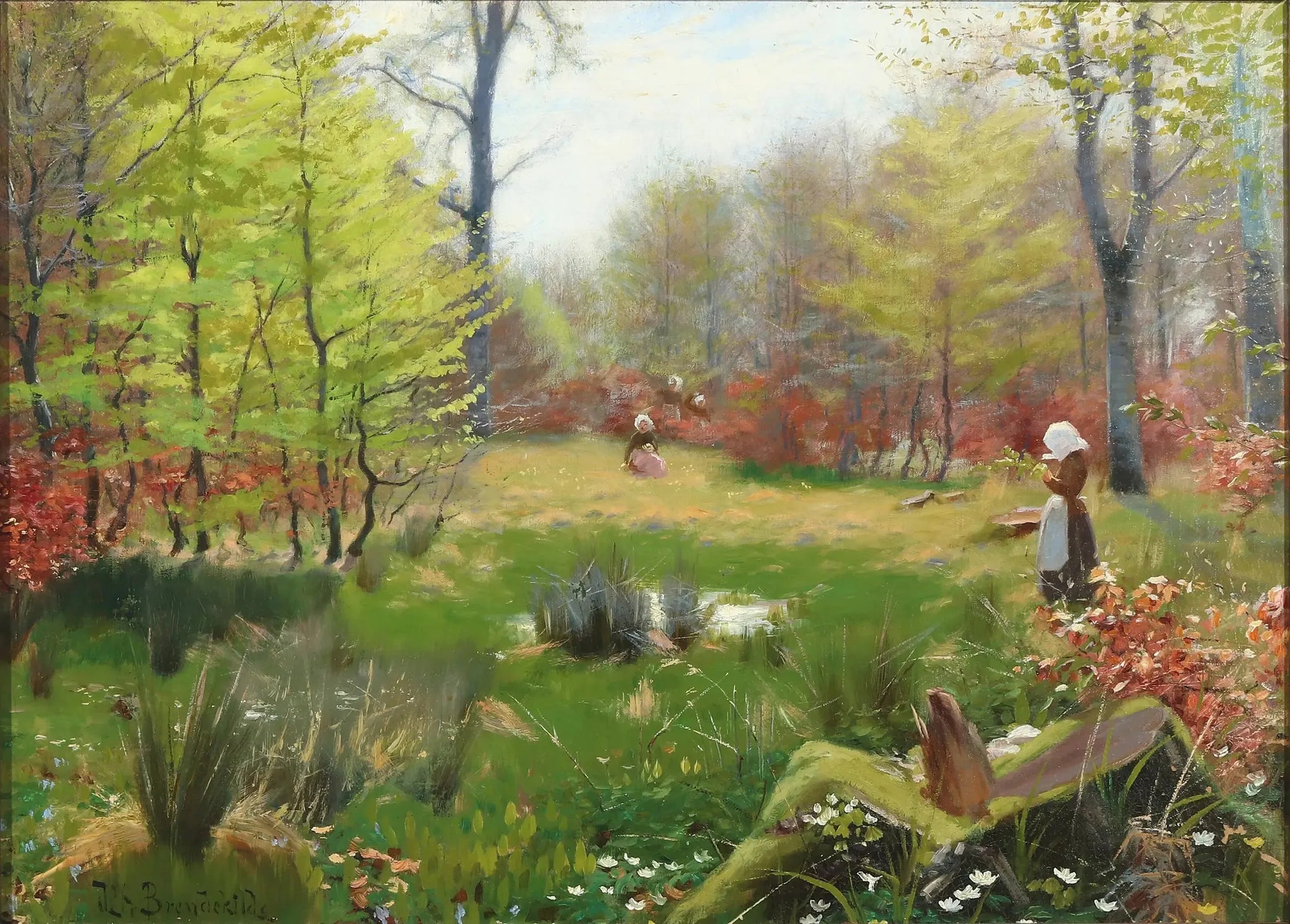 Jeunes filles cueillant des anémones dans une forêt printanière - H. A. Brendekilde image 1 reproduction artisanale de tableau