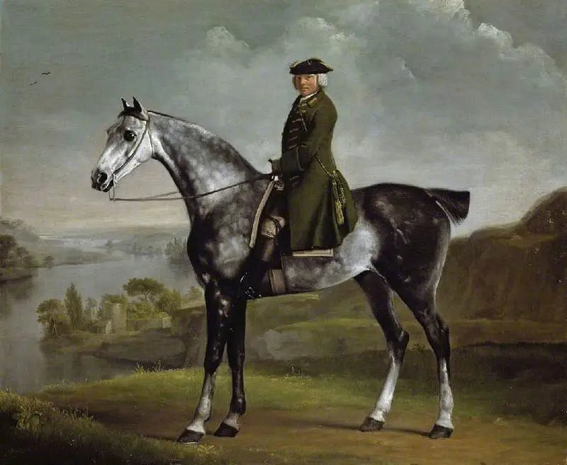 Joseph Smyth Esq, porucznik w lesie Whittlebury, Northamptonshire, na siwym koniu z pręgami - George Stubbs