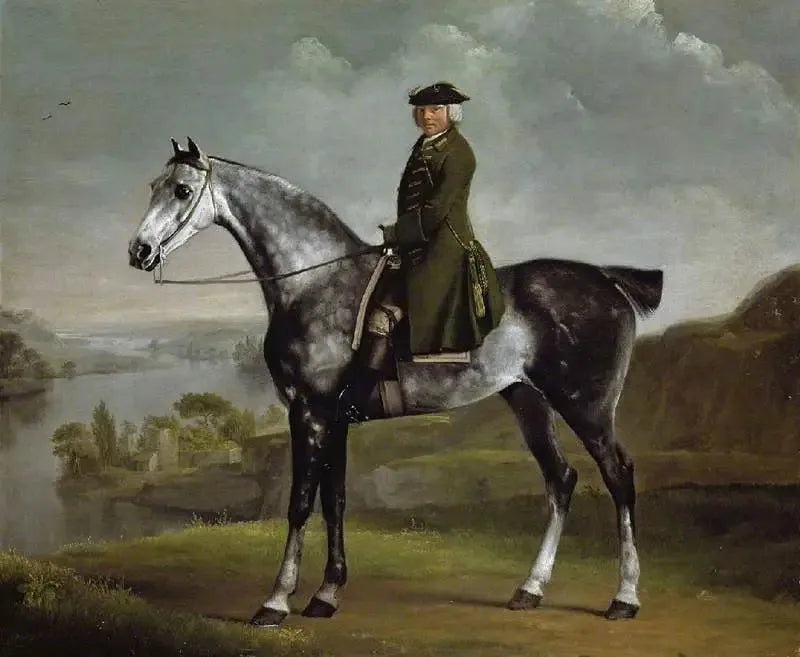 Joseph Smyth Esq, porucznik w lesie Whittlebury, Northamptonshire, na siwym koniu z pręgami - George Stubbs