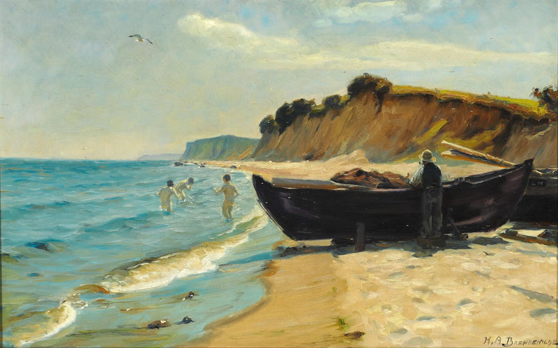 Letni dzień na plaży z chłopakami kąpiącymi się i rybakiem na jego łodzi - H. A. Brendekilde