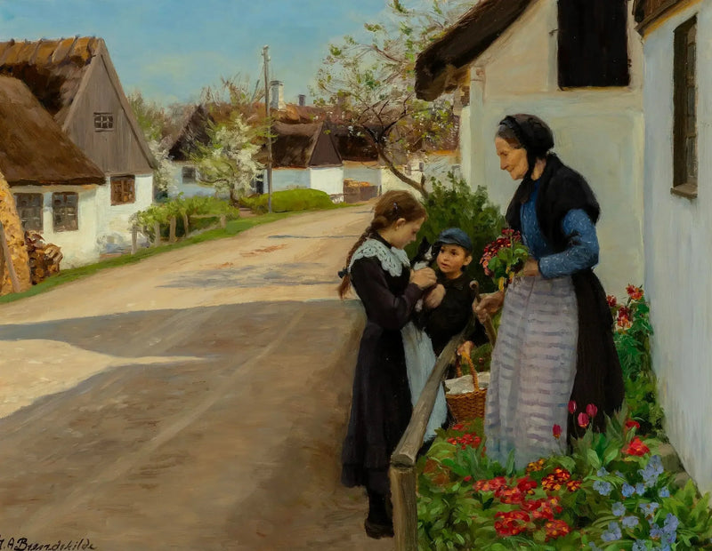 Wiosenny dzień w wiosce. Kociak jest podarowany babci. - H. A. Brendekilde