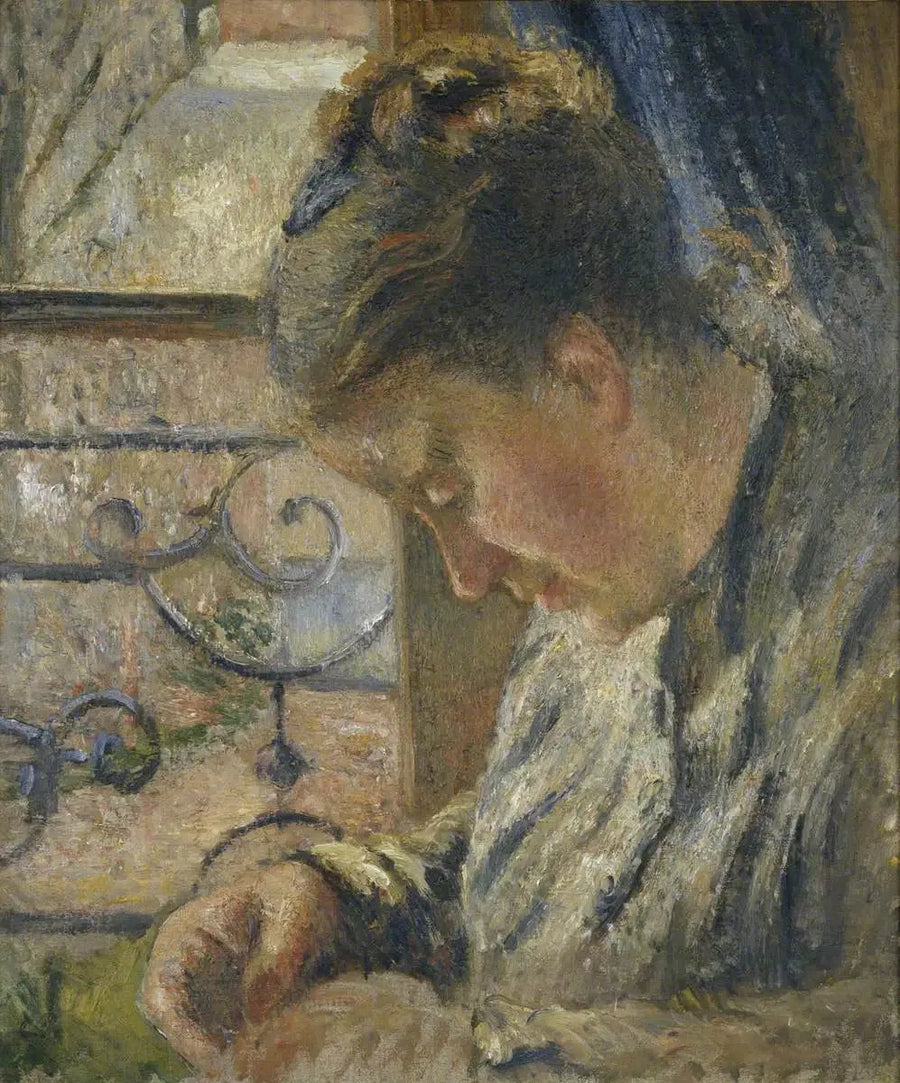 Julie Pissarro szyjąca, czerwona willa, Pontoise - Camille Pissarro