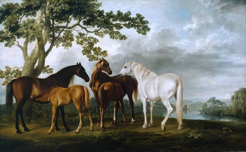 Kobyły i źrebięta na pejzażu rzecznym - George Stubbs