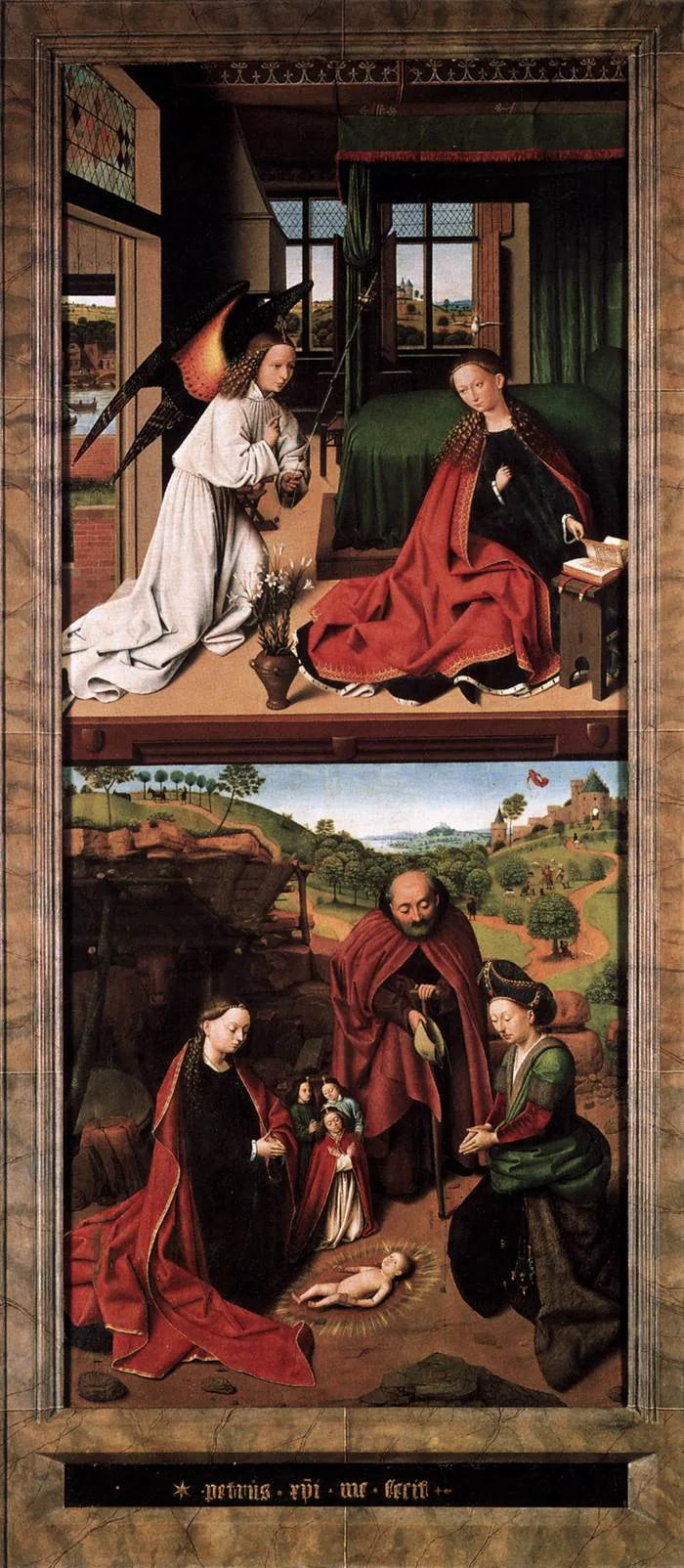 L'adoration de l'Enfant Jésus ; en arrière-plan, l'Annonciation aux bergers. - Petrus Christus image 1 reproduction artisanale de tableau