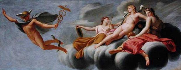 Miłość, otoczona przez Młodość i Urodę, nakazuje Merkuremu ogłosić swoją moc wszechświatowi - Eustache Le Sueur