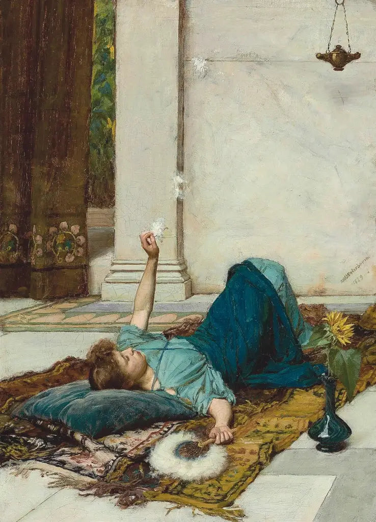 "Wentylator z białymi piórami - John William Waterhouse"