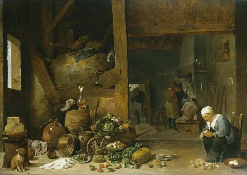 Wnętrze kuchni z starszą kobietą obierającą rzodkiewki - David Teniers młodszy