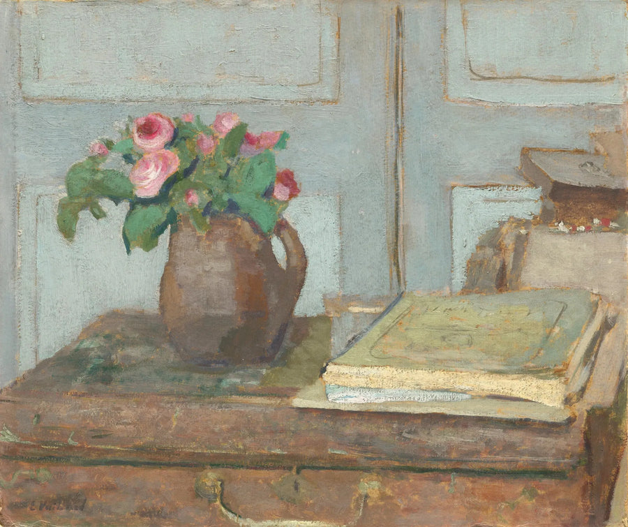 Pudełko z farbami artysty i piankowe róże - Édouard Vuillard