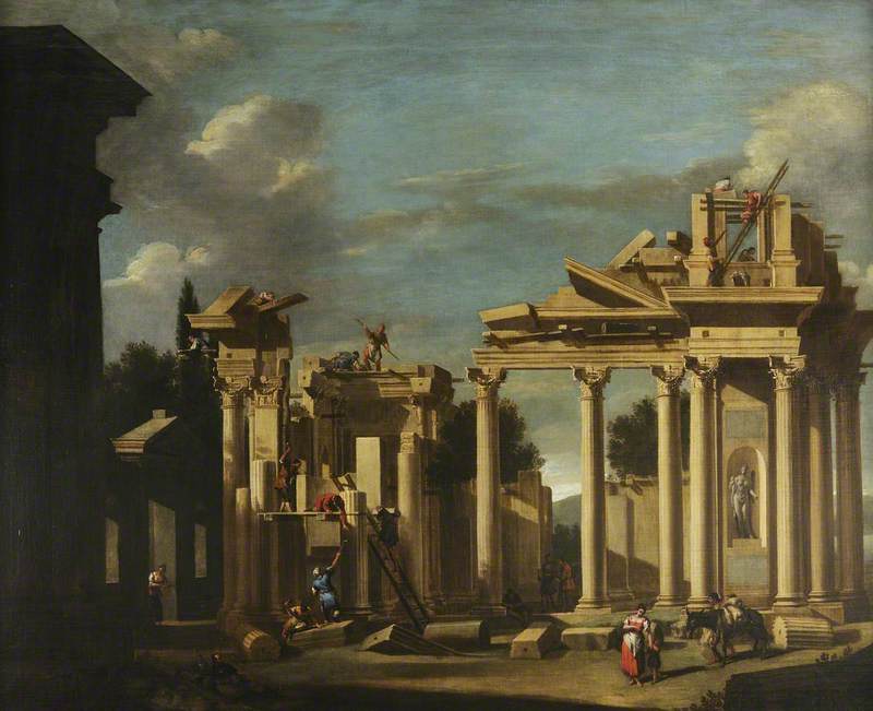 Budowa klasycznego świątyni w krajobrazie - Sebastiano Ricci