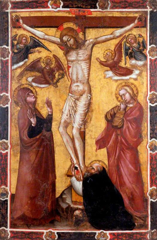 Ukrzyżowanie z Maryją i świętym Janem; święty Antoni opat u podstawy krzyża (jedna strona chorągwi procesyjnej) (dawniej przypisywana Barnabie da Modena) - Spinello Aretino