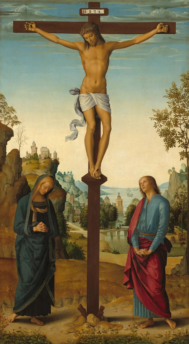 Krucyfiks z Matką Boską, świętym Janem, świętym Hieronimem i świętą Marią Magdaleną [środkowa tablica] - Pietro Perugino