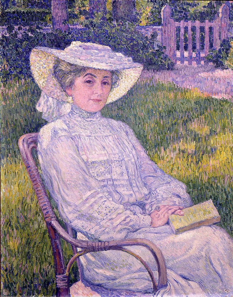 Pani w białym czytająca w ogrodzie, w Mortgat - Théo van Rysselberghe