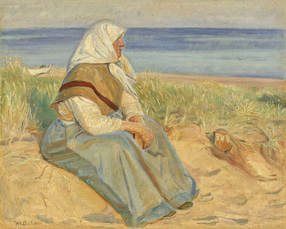 La femme d'un pêcheur assise dans les dunes de Skagen. - Michael Peter Ancher image 1 reproduction d’œuvre d’art à l’huile