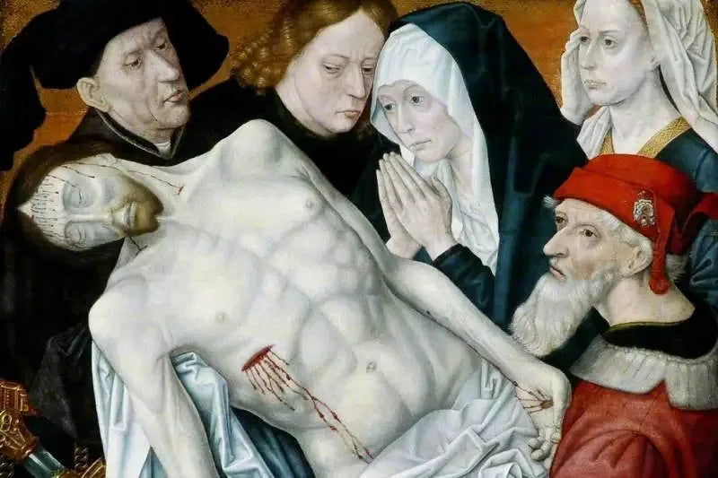 Lamentacja, martwy Chrystus wsparty na Janie Chrzcicielu, Józefie z Arymatei i Nikodemie z Matką Boską i Marią Magdaleną - Hugo van der Goes