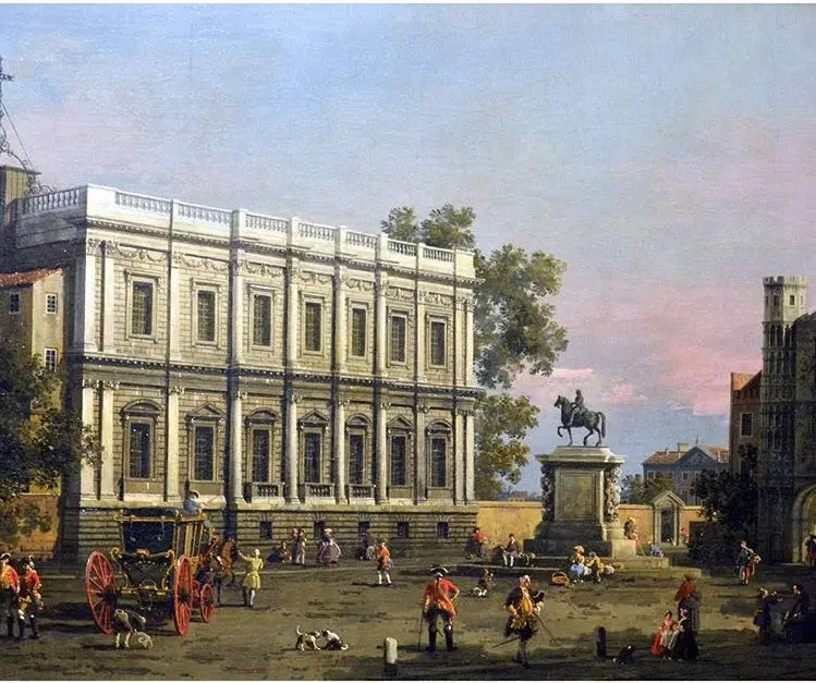 Dom Bankietów i Brama Holbein, Whitehall, z konnym pomnikiem króla Karola I - Canaletto