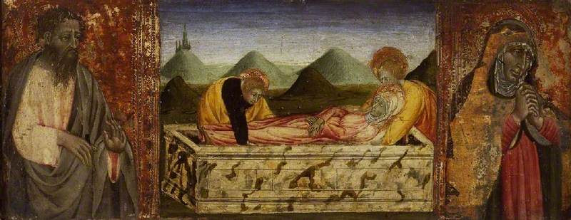 Złożenie do grobu Matki Bożej z świętym Bartłomiejem (z lewej) i świętą (z prawej) - Giovanni di Paolo