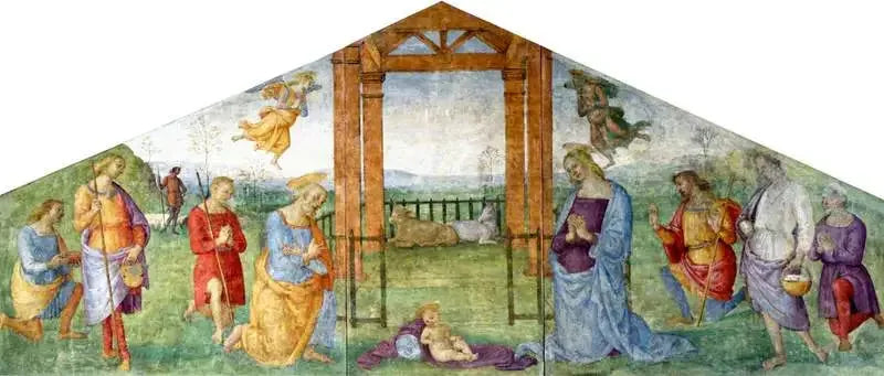 Narodzenie: Maria, Święty Józef i pasterze adorujący Dzieciątko Jezus - Pietro Perugino