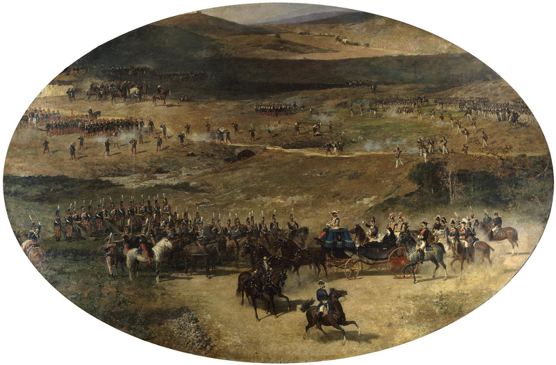 La reine Marie-Christine et sa fille, Isabelle II, passent en revue les batteries d'artillerie défendant Madrid en 1837. - Mariano Fortuny Marsal