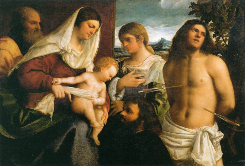 Święta Rodzina z świętą Katarzyną, świętym Sebastianem i fundatorem - Sebastiano del Piombo
