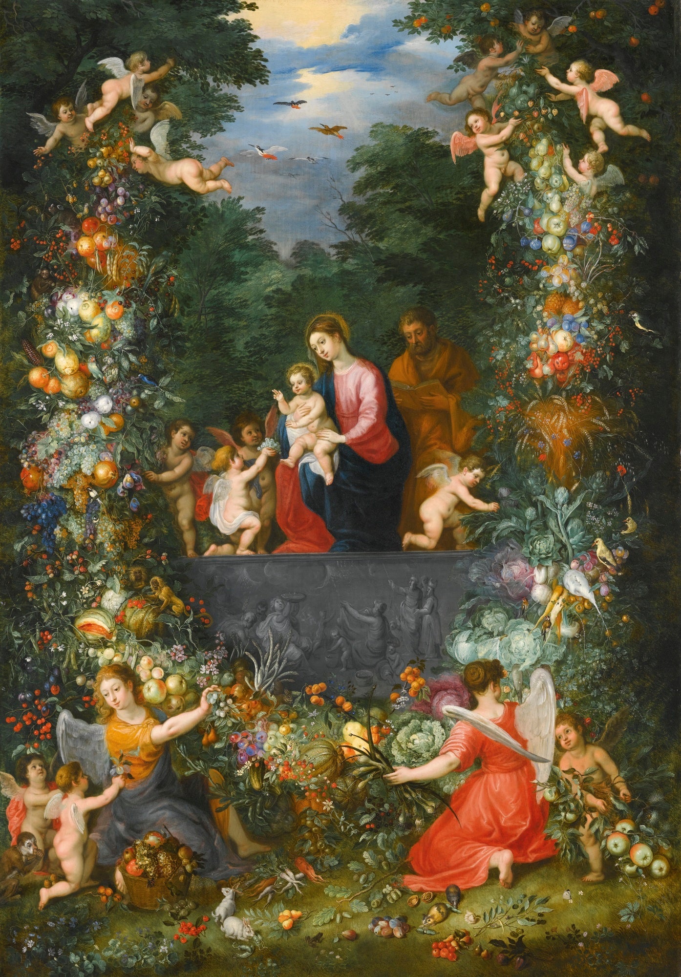 La Sainte Famille avec des anges, entourée d'une guirlande de fleurs dans un paysage boisé - Jan Brueghel le Jeune image 1 copie peinte à la main à l’huile