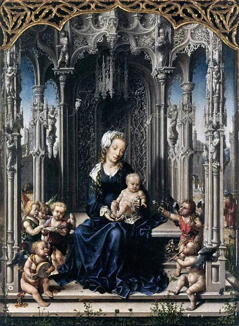 Święta Maria i Dzieciątko, między dwoma grupami aniołów - Jan Gossaert