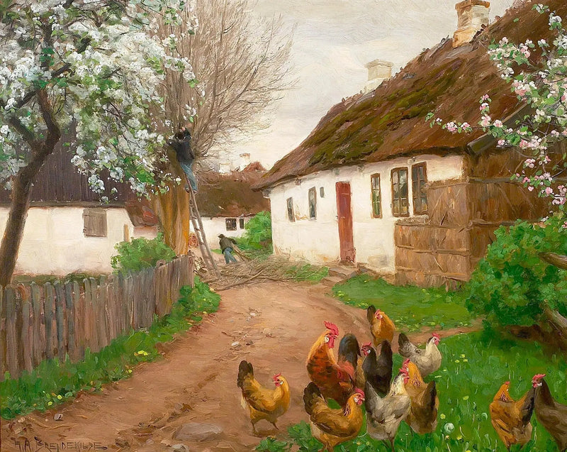 Życie wioski w dniu wiosny z ludźmi i drzewami. - H. A. Brendekilde