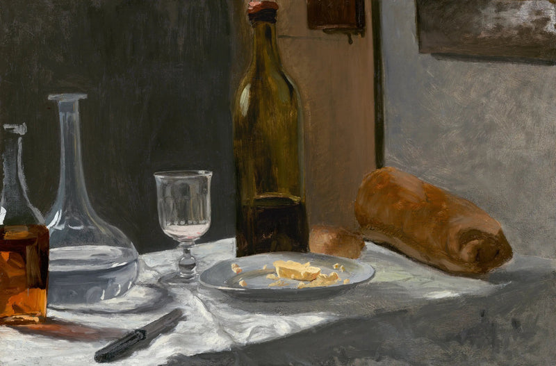 Martwa natura z butelką, karafką, chlebem i winem - Claude Monet