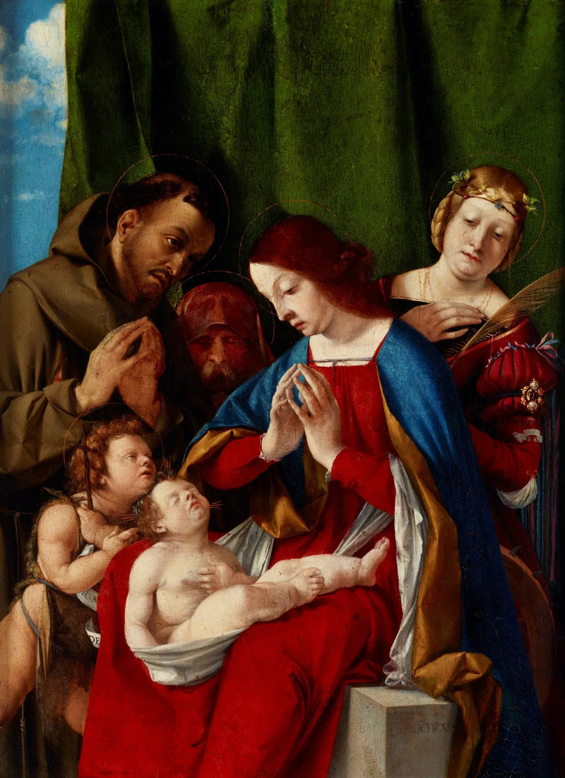 Matka Boska z Dzieciątkiem z świętymi Janem Chrzcicielem, Franciszkiem z Asyżu, Józefem (?) i Katarzyną Aleksandryjską - Lorenzo Lotto