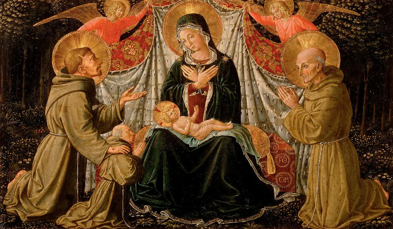 Matka Boska z Dzieciątkiem, święty Franciszek i darczyńca ojciec Jacopo da Montefalco (z lewej) oraz święty Bernard z Sieny (z prawej) - Benozzo Gozzoli
