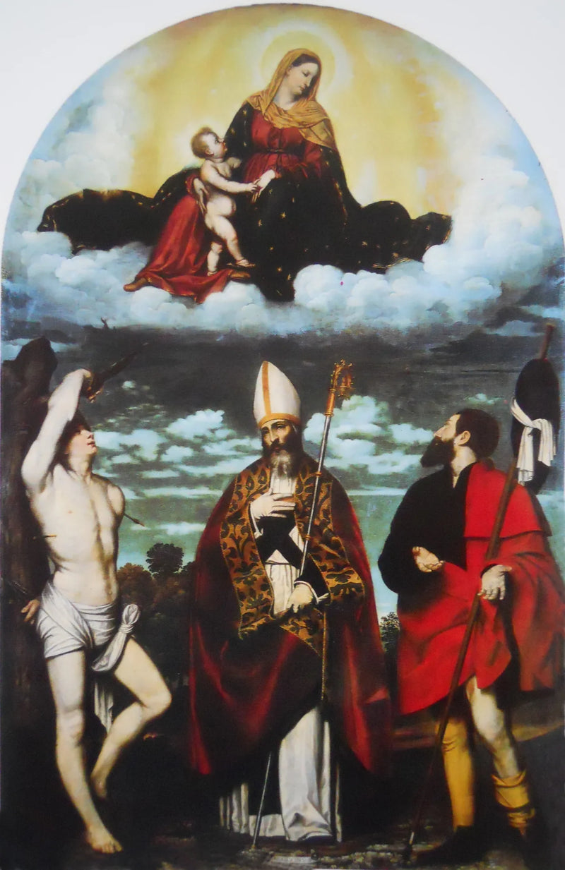 Matka Boska z Dzieciątkiem w chwale z świętymi Roch, Martinem i Sebastianem - Alessandro Bonvicino